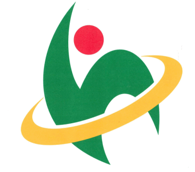 黄色い輪と赤い丸とhのような緑を模した近代的なキャラクターの作品